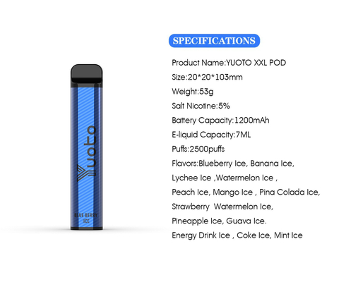 Yuoto 2500 Puffs Flavors Vaporizer Pen Kit 23 flavors 5% 1200 mAh Μπαταρία μιας χρήσης Μέντα Ice Δημοφιλές στην Ινδία