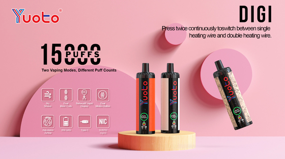 Αναφορτιζόμενο Yuoto DIGI 15000 Puffs Double Mesh Coil Vape 22 γεύσεις Επίπεδο καυσίμου μπαταρίας Ul