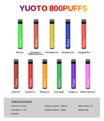 Yuoto 800 ριπές Vape με την περιοχή Origal 11 γεύσεων 2,5 μιλ. ικανότητας χυμού